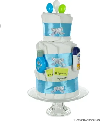 Produktbild von Dreistöckige Windeltorte Basic blau zur Geburt & Babyshower, mit Bübchen Pflegeprodukten, Breilöffeln & Babytee, ca. 22x45x22 cm