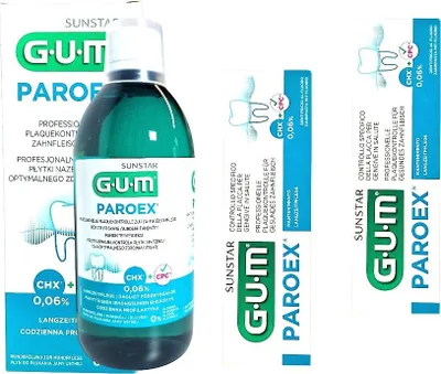 Produktbild von GUM Paroex 0,06% CHX Mundspülung  + 2x GUM Paroex Zahnpasta  0,06%