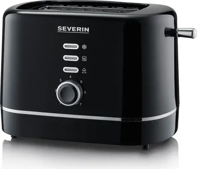 A black Severin toaster on a white background.