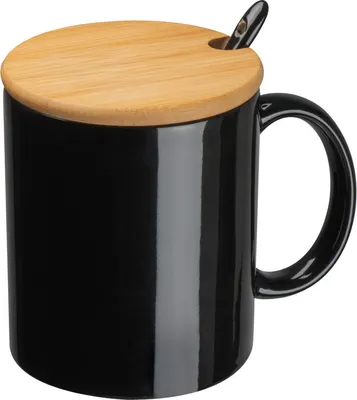 Produktbild von Keramiktasse mit Löffel und Bambusdeckel / Farbe: schwarz