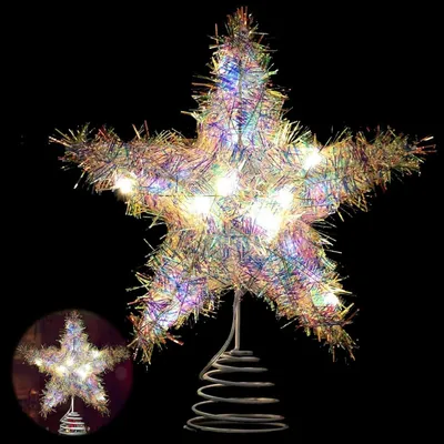 Image de Étoile décorative pour sapin de Noël, éclairée par LED, dimensions 24,5 x 22 cm, en fer avec fil de cuivre, nécessite 2 piles AA