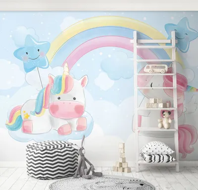 Produktbild von Fototapete Kinderzimmer Mädchen Einhorn Regenbogen (416x254 cm - 4 Bahnen) Kinder Wandtapete Vlies Tapete Latexdruck UV-Beständig Geruchsfrei Hohe Auflösung Montagefertig Pastell