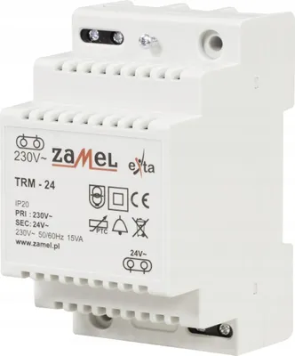 A white electrical transformer device with labels and symbols.