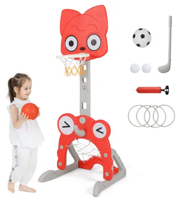 Produktbild von COSTWAY 4-in-1 Kinder Basketballkorb Set, 118-148cm, Indoor/Outdoor multifunktional Basketball mit Fußballtor, Golfspiel&Ringwurfspiel, Sportspielzeug