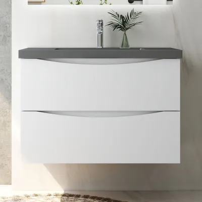 Produktbild von Badmöbel Set 80 cm Smiley Weiß Waschbecken Dunklegrau mit Unterschrank Hängeschrank Softclose
