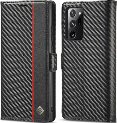 Obrázek produktu pro Pouzdro pro Samsung Galaxy Note20 Ultra 5G/4G Karbónové kožené pouzdro s držákem karet, magnetem a stojánku černé Vertikální červené