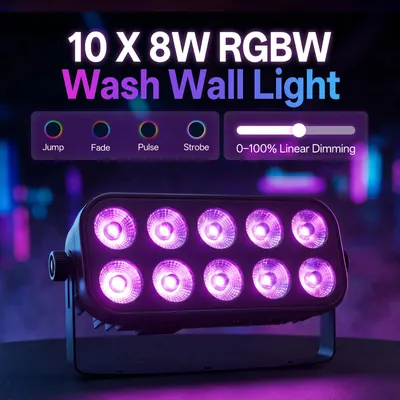 Imagen del producto de RGBW - Foco de pared - Iluminación escénica DMX - Juego de 2 unidades - Mezcla de colores - Atenuación lineal - 100–240 V, enchufe europeo - Ideal para escenarios y DJs