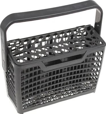 A gray dishwasher cutlery basket with a handle is shown against a white background.