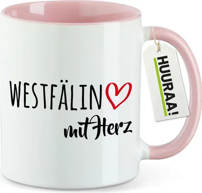 Produktbild von Huuraa Kaffeetasse Westfälin mit Herz 330ml Rosa Keramik Kaffeebecher Geschenkidee