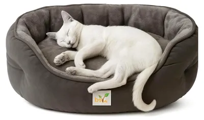 Produktbild von Weiches Katzenbett – Rundes, waschbares Haustierbett für Katzen und Kätzchen, Wendekissen, rutschfeste Unterseite, Grau (51 x 48 x 15 cm)