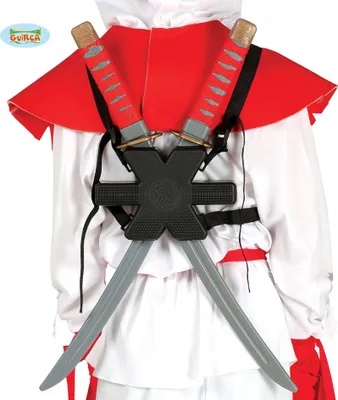 A close-up view of a costume accessory featuring two toy swords crossed on a black harness worn over a white and red costume.