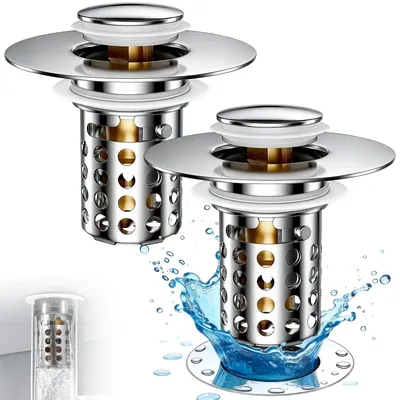 Image de Lot de 2 bouchons de lavabo avec système de vidange pop-up et filtre - Acier inoxydable