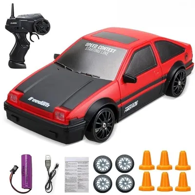 Produktbild von 2,4-GHz RC-Drift-Auto 4WD im Maßsta, ferngesteuertes Rennauto mit Beleuchtung, 15 km/h und 3,7-V-Akku - Rot