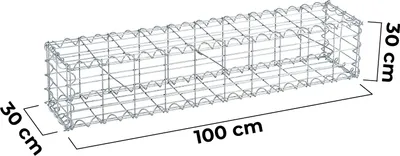 A wire mesh gabion basket with dimensions indicated.