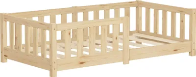 Produktbild von ML-Design Kinderbett 70x140 cm Natur Bodenbett für Kinder mit Lattenrost und Rausfallschutz Jugendbett aus massivem Kiefernholz Bettgestell Babybett
