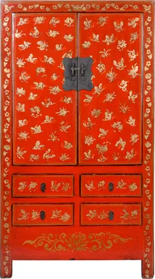 Zdjęcie produktu dla Fine Asianliving Antyczna chińska szafka ślubna Czerwone złoto ręcznie malowane W105xD50xH188cm Chińska szafka Chińska szafka ślubna Orientalne meble azjatyckie