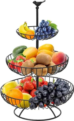 Produktbild von Unyqoos® 3‑stufiger Obstkorb – Metall-Obstständer mit 3 Etagen, abnehmbare Holzschalen Ø30/24/16 cm, schwarz – für Obst, Gemüse & Snacks, werkzeugfrei