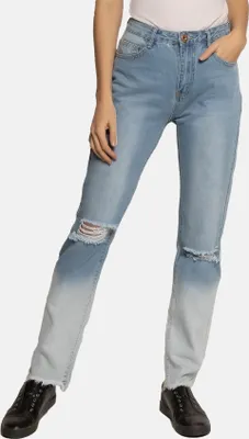 Produktbild von enflame Destroyed Mom Jeans High Waist Straight Denim Hose Farbverlauf Bleached Größe: XS