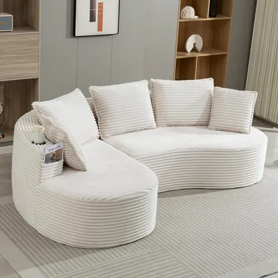 Produktbild von okwish Ecksofa Schlafsofa mit Becherhalter und Stautasche Wohnzimmersofa Loungesofa mit Kissen Dreisitzer Bogesofa aus Cord Für Wohnzimmer Beige