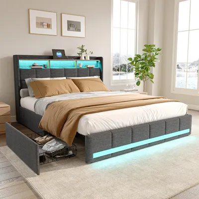 Produktbild von Polsterbett 140x190 cm Grau mit Stoffbezug, LED, 2 USB-Anschlüssen, Type-C-Anschluss, 4 Schubladen, Bettgestell mit Lattenrost