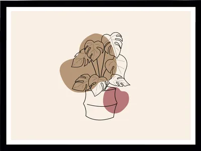 A minimalist line drawing of a potted monstera plant with abstract shapes in brown and pink.