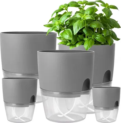 Obrázok produktu pre Súprava kvetináčov na bylinky na parapet, samozavlažovacia súprava 5 bylinkových záhradiek do kuchyne, 15,3/10,5/8,2 cm, na čerstvé kuchynské bylinky, sivá