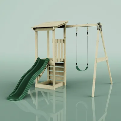 Produktbild von OutdoorToys Spielturm Lyon aus Holz in Dunkelgrün mit Kinderschaukel