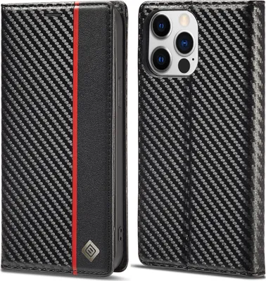 Image de Étui pour iPhone 15 Pro Étui en cuir carbone avec porte-cartes, aimant et support Noir Vertical Rouge