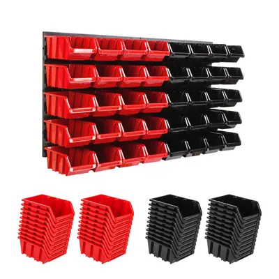 A wall-mounted storage system with red and black bins, and stacks of red and black bins below.