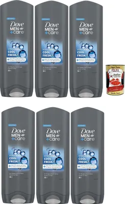 Produktbild von Dove Men+Care, shower gel 3 in 1, Cool Fresh Duschbad für Körper, Gesicht und Haare mit 24-Stunden-Pflegeeffekt, 6x 250 ml + Italian Gourmet polpa 400g