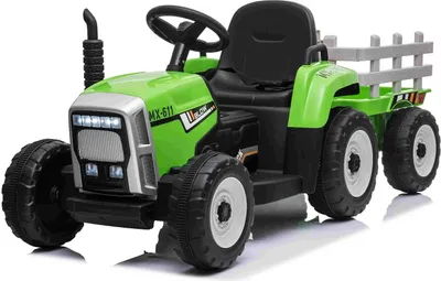 Produktbild von Kinder Elektroauto Traktor WORKERS mit Anhänger, Grün, Hinterradantrieb, Lithium-Akku, Rädern, breitem Sitz, 2,4-GHz-Fernbedienung, MP3-Player und SD-Eingang, LED-Leuchten