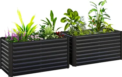 Image de Outsunny Lot de 2 lits de jardin suršŠlevšŠs en acier galvanisšŠ, lot de 2 carršŠs potagers de jardin, fond ouvert, pour lšŠgumes š€ racines profondes, fleurs, 120 x 60 x 60 cm, gris foncšŠ