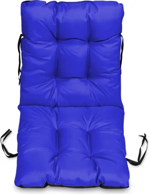 A blue chair cushion is shown against a white background.