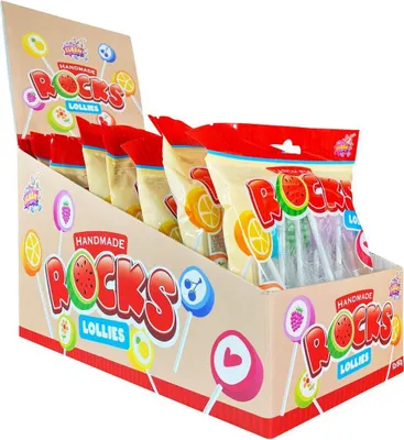 Produktbild von Display Komplett Rocks Lollies 150 g einzeln verpackt Motive Fruchtgeschmack 12 Beutel
