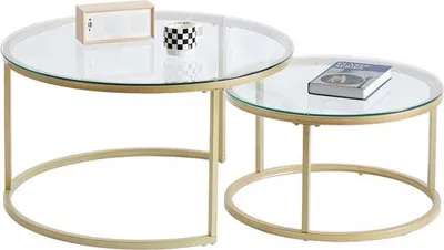 Zdjęcie produktu dla Szklane stoliki do salonu – zestaw – 2 sztuki – okrągłe stoliki – matowe wykończenie – złote – 80 i 60 cm