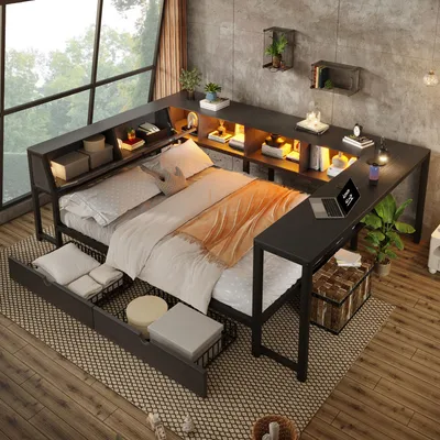 Produktbild von STILVORA Metallbett 140x200cm mit Stauraum-Kopfteil, Multifunktionsbett mit LED-Beleuchtung und Schreibtisch, Bett mit Schubladen