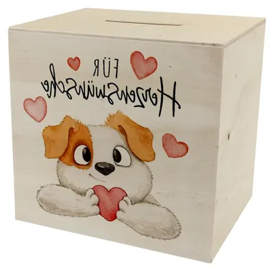 Produktbild von Hund Spardose aus Holz mit Spruch für Herzenswünsche - Geschenk für Hundeliebhaber und Terrier-Fans