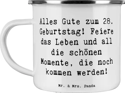 Produktbild von Mr. & Mrs. Panda Emaille Tasse Spruch 28. Geburtstag - Weiß - Geschenk, Teetasse, Grußkarten, Geburtstagssprüche, Kaffeepott, Geschenke, Happy Birthday, Alter, Motivtasse
