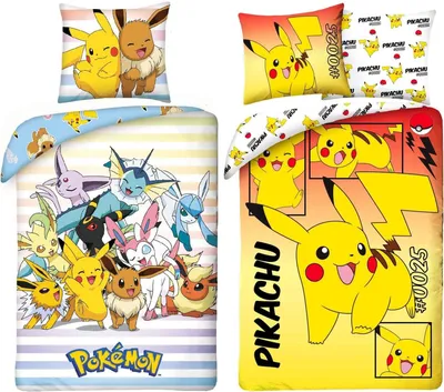 A collage of Pokemon-themed bedding sets, featuring Pikachu and other Pokemon characters.