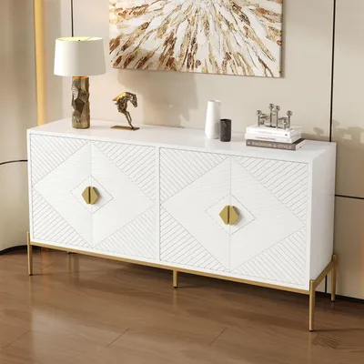 Image de OKWISH Buffet - Meuble d’Entrée avec 4 Portes, Poignées Dorées et Pieds en Métal - Panneaux de Particules et MDF - 162x40x80 cm - Blanc