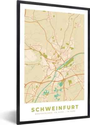 Produktbild von MuchoWow® Gerahmtes Poster Schweinfurt - Karte - Vintage - Stadtplan 20x30 cm - Poster mit Schwarzem Bilderrahmen Wandposter Rahmen Foto Bilder - Drucken - Bilder Poster im Rahmen