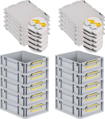 Produktbild von SuperSparSet 10x Eurobox NextGen Color mit Scharnierdeckel und Schiebeschnappverschlüssen | HxBxT 12x30x40cm | 11 Liter | Grau | Griffe gelb geschlossen | Glatter Boden | Eurobehälter, Transportbox, Transportbehälter, Stapelbehälter