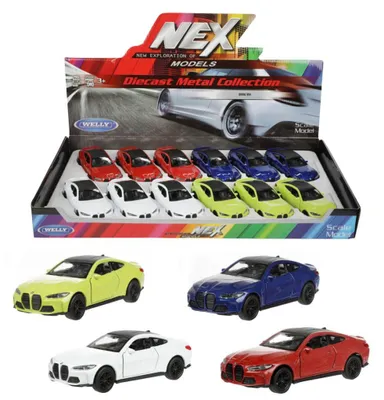 Produktbild von Welly-Auto BMW M4, Metall/Kunststoff, 12 cm, 4 Farben, mit Rückzugantrieb, 12 Stück in einer Box