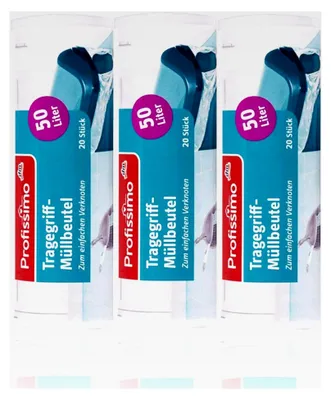 Produktbild von Müllbeutel mit Tragegriff 50l (60 Stück), 3er Pack - Reißfest und Flüssigkeitsdicht