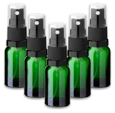 Produktbild von 5x Grüne Glasflasche 10 ml mit schwarzem Zerstäuber Sprühkopf Spray