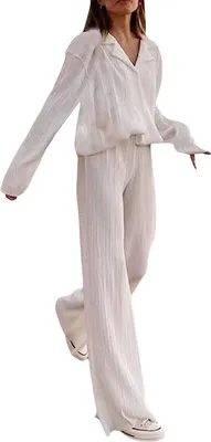 Image de ASKSA Femme 2 pièces Tenues d'été décontractées Ensemble plissé Deux pièces manches longues Taille haute Loungewear, Blanc, XL