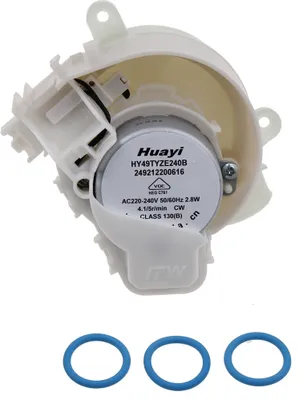 A close-up of a motor assembly with three blue O-rings below it, on a white background.