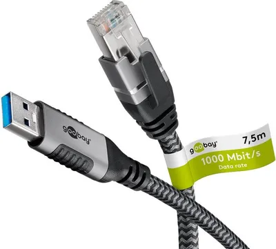 Obrázek produktu pro goobay 70693 goobay USB A 3.0/RJ45 CAT 6 Kabel 7,5 m grau, schwarz, 1 St.