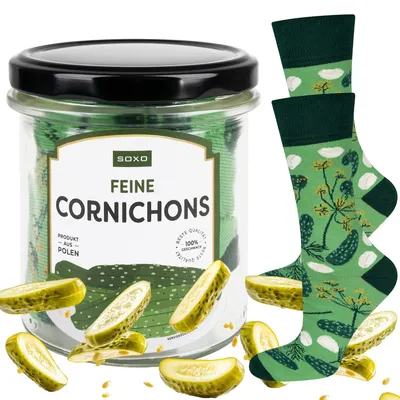 Produktbild von Lustige Herren-Baumwollsocken Cornichons Gr. 40-45 von SOXO, Socken im Glas – witziges Geschenk für den Ehemann zum Geburtstag