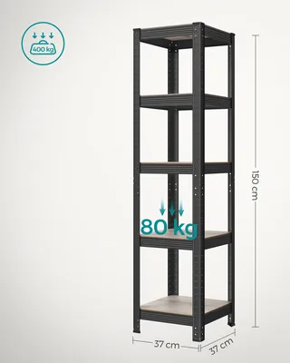A tall, narrow, five-tier black metal shelving unit with wooden shelves, shown against a plain light grey background. Dimensions and weight capacity information are overlaid on the image.